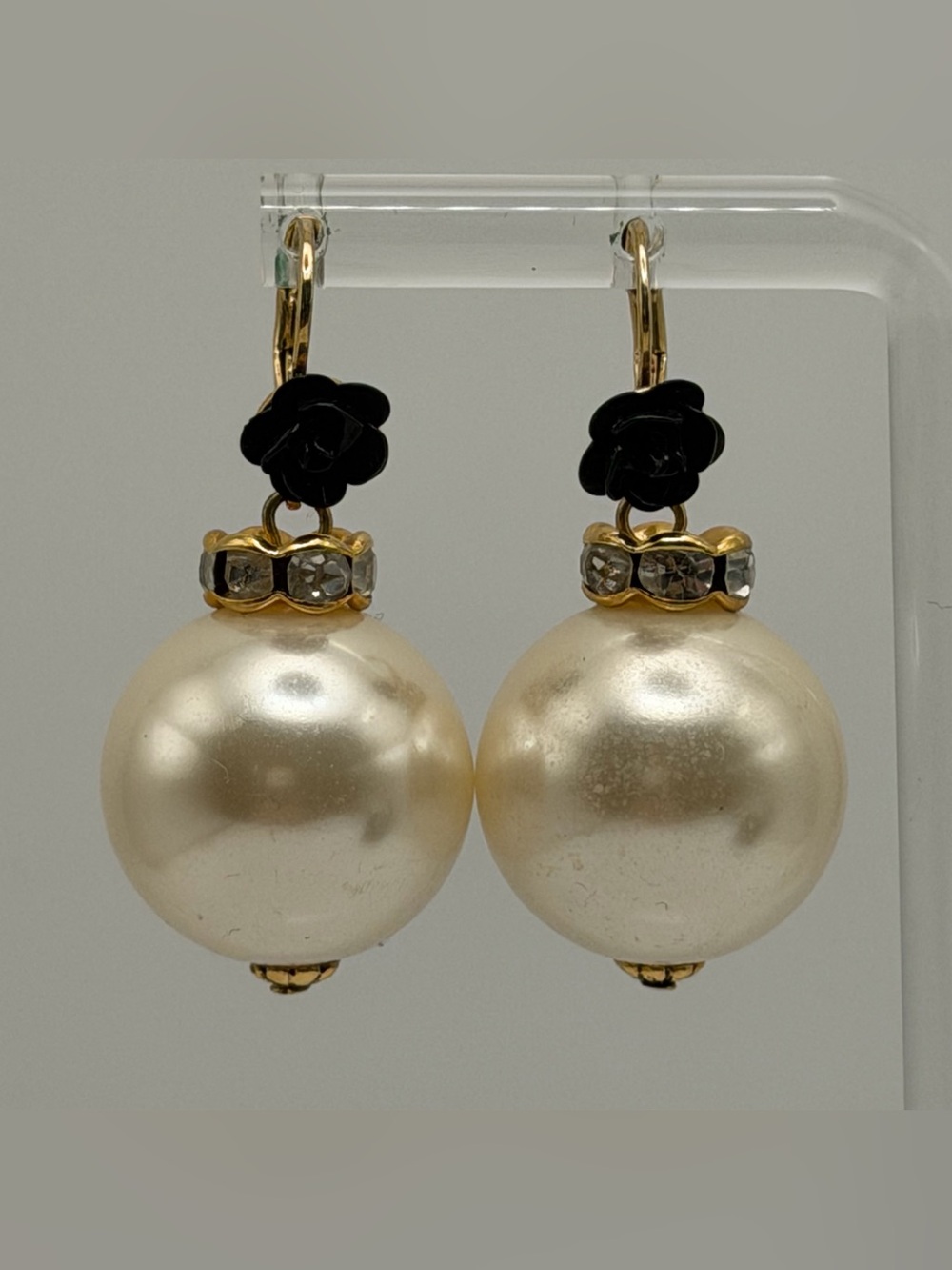 Oversized Faux Pearl Drop Earrings Black Rose Rhinestone Gold Tone Statement